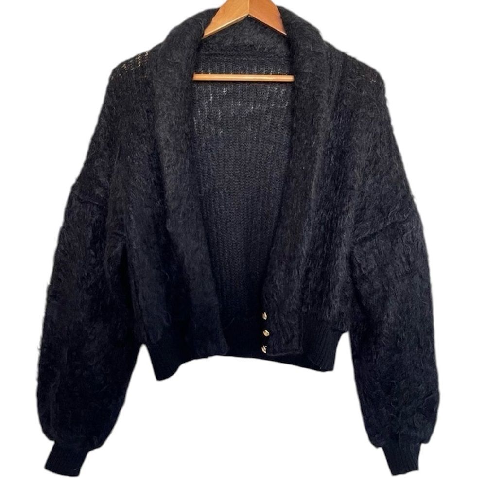 Vintage James Pringle Scotland Mohair Wool Shag Cardigan Sweater Black One Size